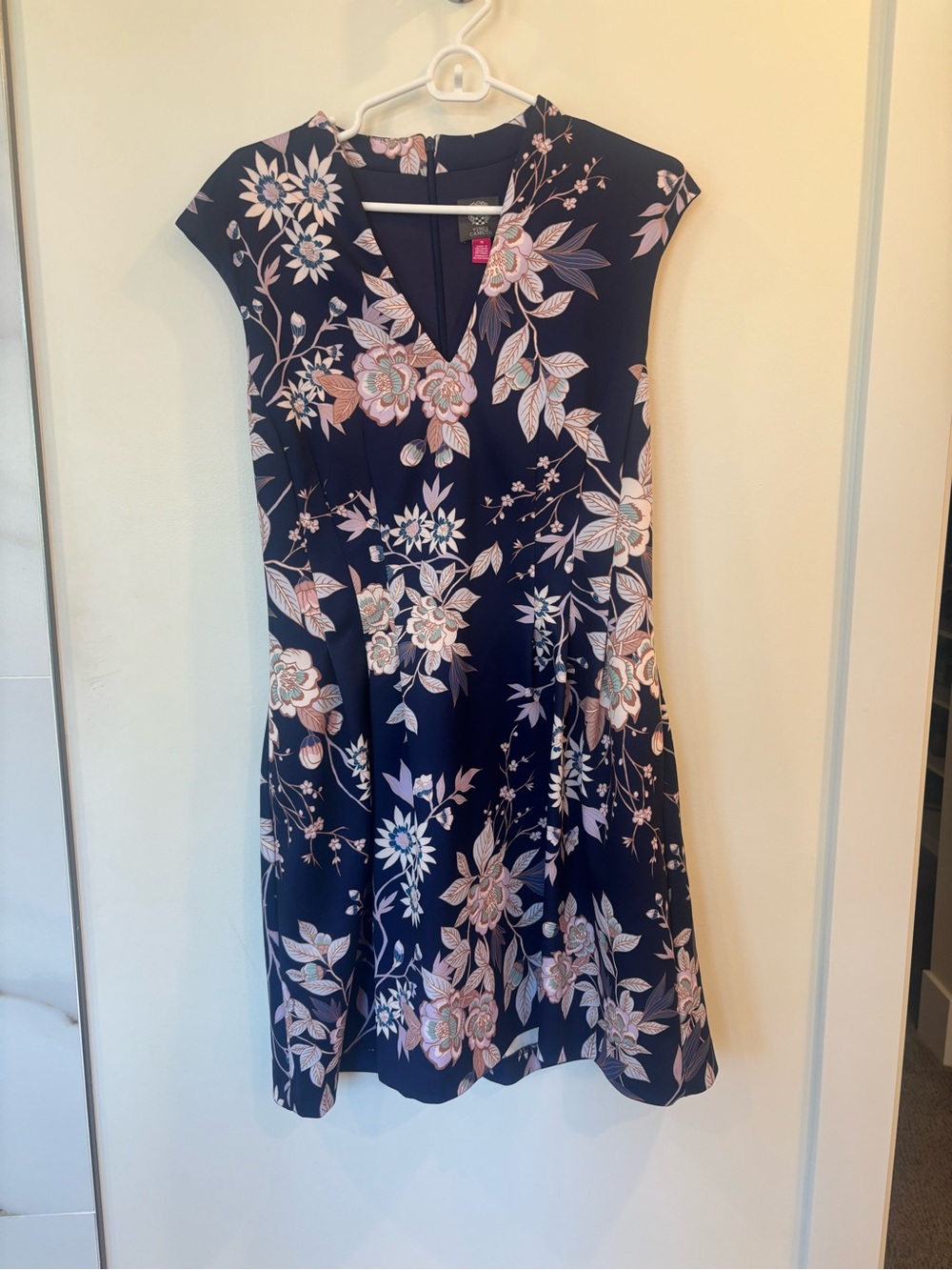 Vince Camuto Navy Fit-and-Flare Dress with Pink Floral Print